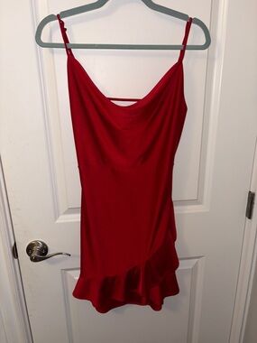 Red Spaghetti Strap Mini Dress with Ruffle Hem